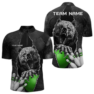 Black Bear grunge pattern Custom Men Bowling Polo, 1/4 Zip Shirts Bowling Team Jerseys Outfits | Green NQS9408