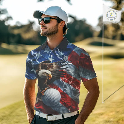 American Flag Eagle Lightning Thunder Golf Polo Shirts For Men Custom Patriotic Golf Team Jerseys NQS11503