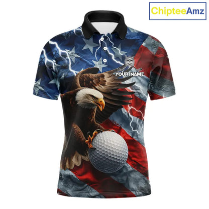 American Flag Eagle Lightning Thunder Golf Polo Shirts For Men Custom Patriotic Golf Team Jerseys NQS11503