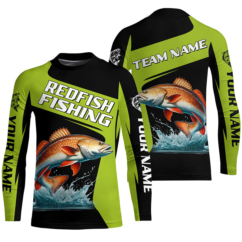 Black Green Redfish fishing Custom Long Sleeve Tournament Fishing Shirts, Red Drum Fishing Jerseys NQS7657