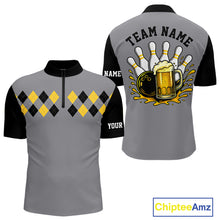 Load image into Gallery viewer, Black &amp; Yellow argyle pattern retro Bowling Shirts For Men Custom Bowling and Beer Team Jersey | Gray NQS11095