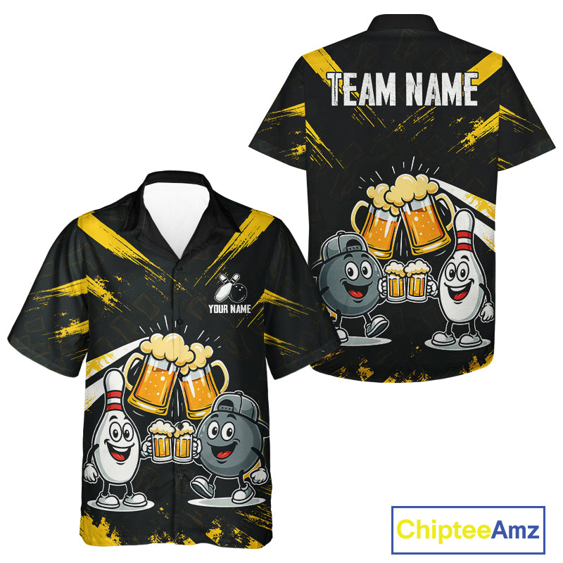 Custom Black And Yellow Funny Beer Hawaiian Bowling jersey, funny bowling button up shirts NQS11098