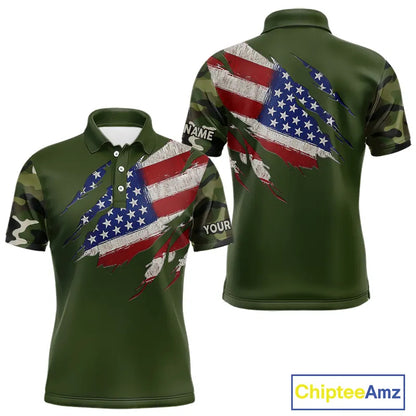 American Flag Green camo Mens Golf polo shirts Custom patriotic golf attire for men NQS11289