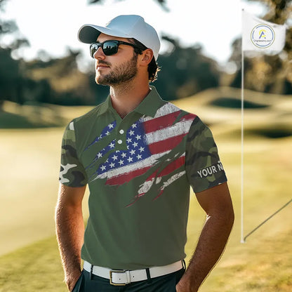American Flag Green camo Mens Golf polo shirts Custom patriotic golf attire for men NQS11289