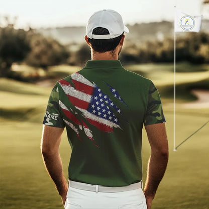 American Flag Green camo Mens Golf polo shirts Custom patriotic golf attire for men NQS11289