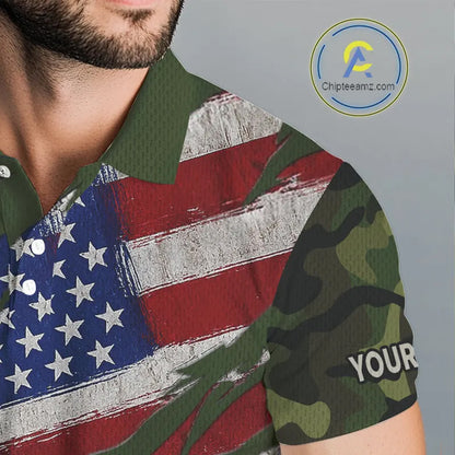 American Flag Green camo Mens Golf polo shirts Custom patriotic golf attire for men NQS11289