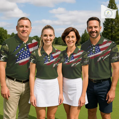 American Flag Green camo Mens Golf polo shirts Custom patriotic golf attire for men NQS11289