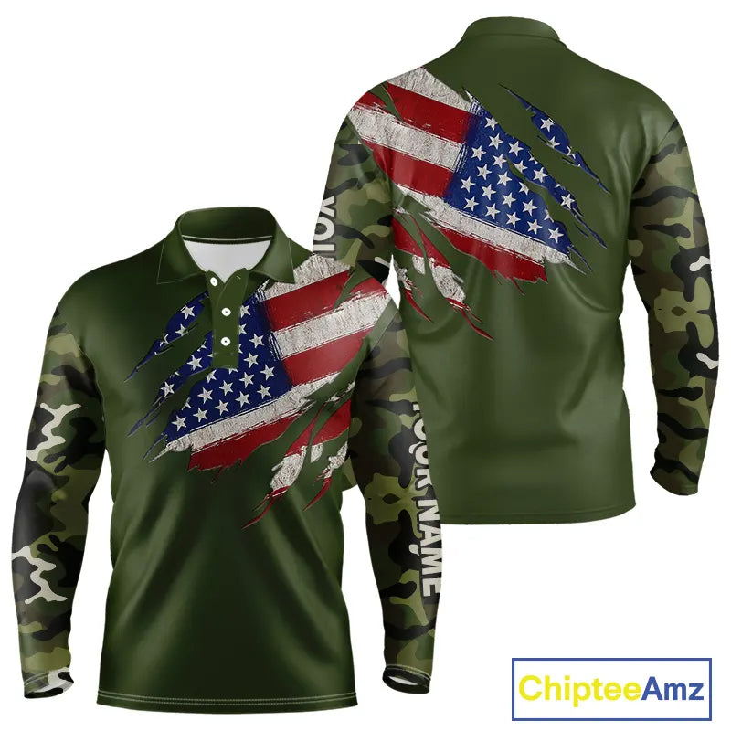 American Flag Green camo Mens Golf polo shirts Custom patriotic golf attire for men NQS11289