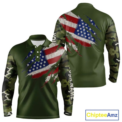 American Flag Green camo Mens Golf polo shirts Custom patriotic golf attire for men NQS11289