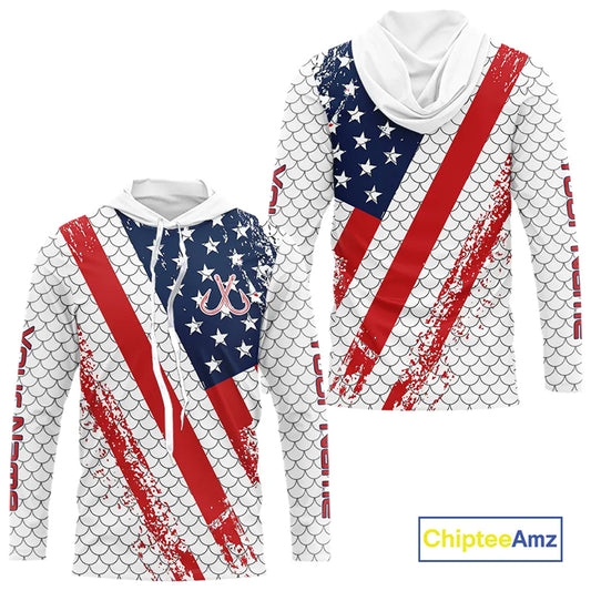Red, white & blue American Flag Fishing scales pattern Custom patriotic Performance Fishing Shirts NQS11290