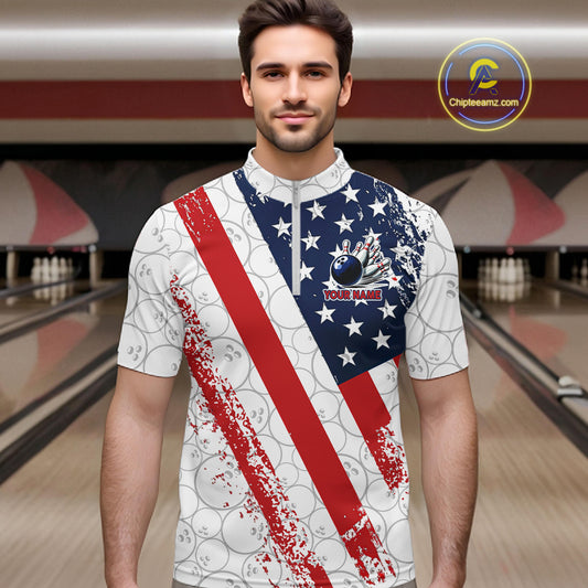Red, white & blue American Flag Bowling Shirts For Men Custom patriotic Bowling Team Jersey NQS11292