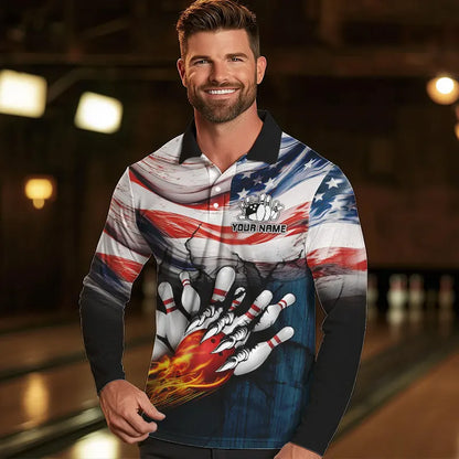 American flag Flame Bowling Polo, Quarter Zip shirts For Men custom patriotic bowling team jersey NQS9416