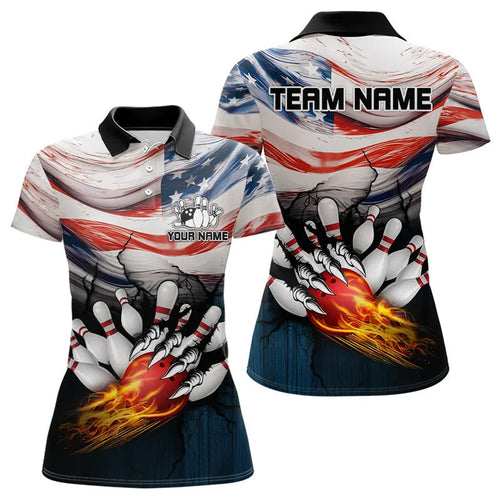 American flag Flame Bowling Polo, Quarter Zip shirts For Women custom patriotic bowling team jersey NQS9416