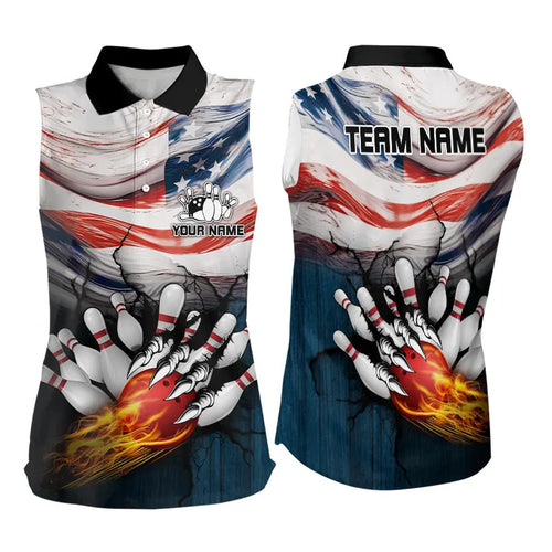 American flag Flame Womens Sleeveless Polo Shirt custom patriotic bowling team jersey NQS9416