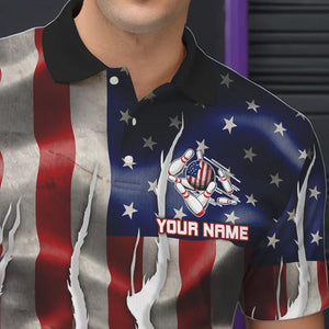 Personalized American Flag Scratch Bowling Polo, 1/4 Zip Team Shirts For Men Patriotic Bowling Gifts NQS9421