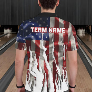 Personalized American Flag Scratch Bowling Polo, 1/4 Zip Team Shirts For Men Patriotic Bowling Gifts NQS9421