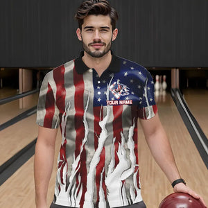 Personalized American Flag Scratch Bowling Polo, 1/4 Zip Team Shirts For Men Patriotic Bowling Gifts NQS9421