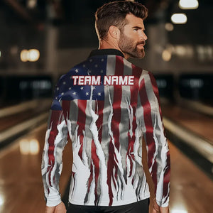 Personalized American Flag Scratch Bowling Polo, 1/4 Zip Team Shirts For Men Patriotic Bowling Gifts NQS9421