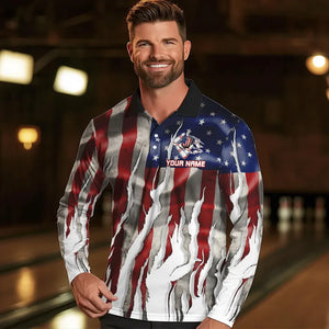 Personalized American Flag Scratch Bowling Polo, 1/4 Zip Team Shirts For Men Patriotic Bowling Gifts NQS9421