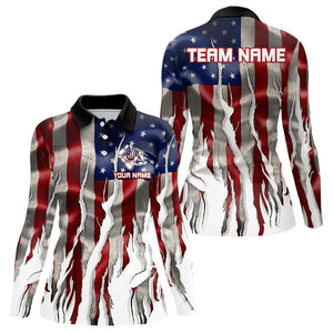 Personalized American Flag Scratch Bowling Polo, 1/4 Zip Team Shirts For Women Patriotic Bowling Gifts NQS9421