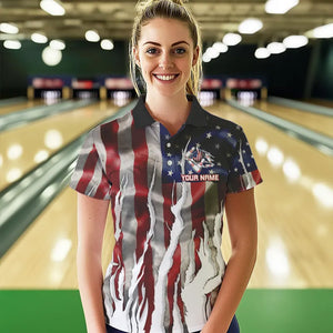 Personalized American Flag Scratch Bowling Polo, 1/4 Zip Team Shirts For Women Patriotic Bowling Gifts NQS9421