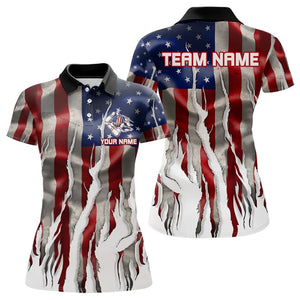 Personalized American Flag Scratch Bowling Polo, 1/4 Zip Team Shirts For Women Patriotic Bowling Gifts NQS9421