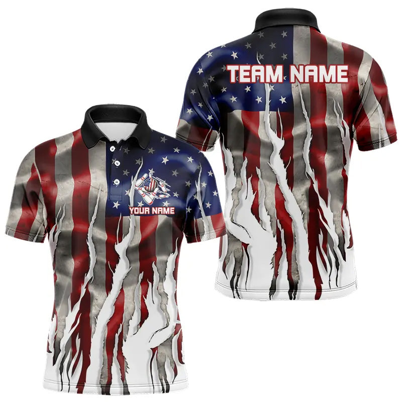 Personalized American Flag Scratch Bowling Polo, 1/4 Zip Team Shirts For Men Patriotic Bowling Gifts NQS9421