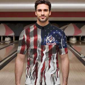 Personalized American Flag Scratch Bowling Polo, 1/4 Zip Team Shirts For Men Patriotic Bowling Gifts NQS9421