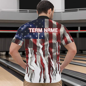 Personalized American Flag Scratch Bowling Polo, 1/4 Zip Team Shirts For Men Patriotic Bowling Gifts NQS9421