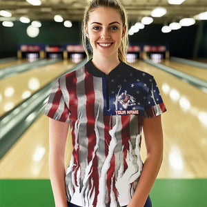 Personalized American Flag Scratch Bowling Polo, 1/4 Zip Team Shirts For Women Patriotic Bowling Gifts NQS9421