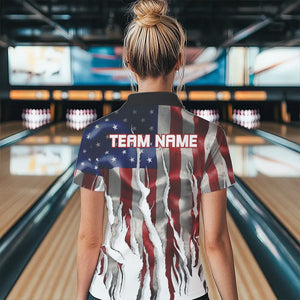 Personalized American Flag Scratch Bowling Polo, 1/4 Zip Team Shirts For Women Patriotic Bowling Gifts NQS9421