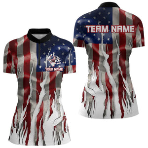 Personalized American Flag Scratch Bowling Polo, 1/4 Zip Team Shirts For Women Patriotic Bowling Gifts NQS9421