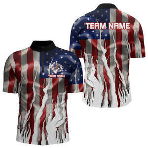 Personalized American Flag Scratch Bowling Polo, 1/4 Zip Team Shirts For Men Patriotic Bowling Gifts NQS9421