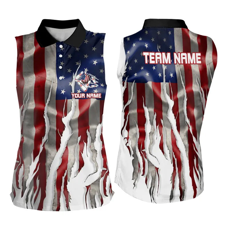 Personalized American Flag Bowling Sleeveless Polo Team Shirts For  Women Patriotic Bowling Gifts NQS9421