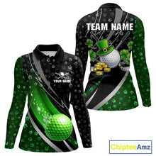 Load image into Gallery viewer, Black &amp; Green Shamrock pattern Golf Polo Shirts For Women Custom St Patrick team women golf clothing NQS11514