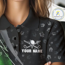 Load image into Gallery viewer, Black &amp; Green Shamrock pattern Golf Polo Shirts For Women Custom St Patrick team women golf clothing NQS11514