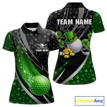 Load image into Gallery viewer, Black &amp; Green Shamrock pattern Golf Polo Shirts For Women Custom St Patrick team women golf clothing NQS11514