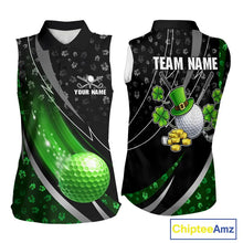 Load image into Gallery viewer, Black &amp; Green Shamrock pattern Sleeveless Golf Polo Shirts Custom St Patrick team women golf clothing NQS11514