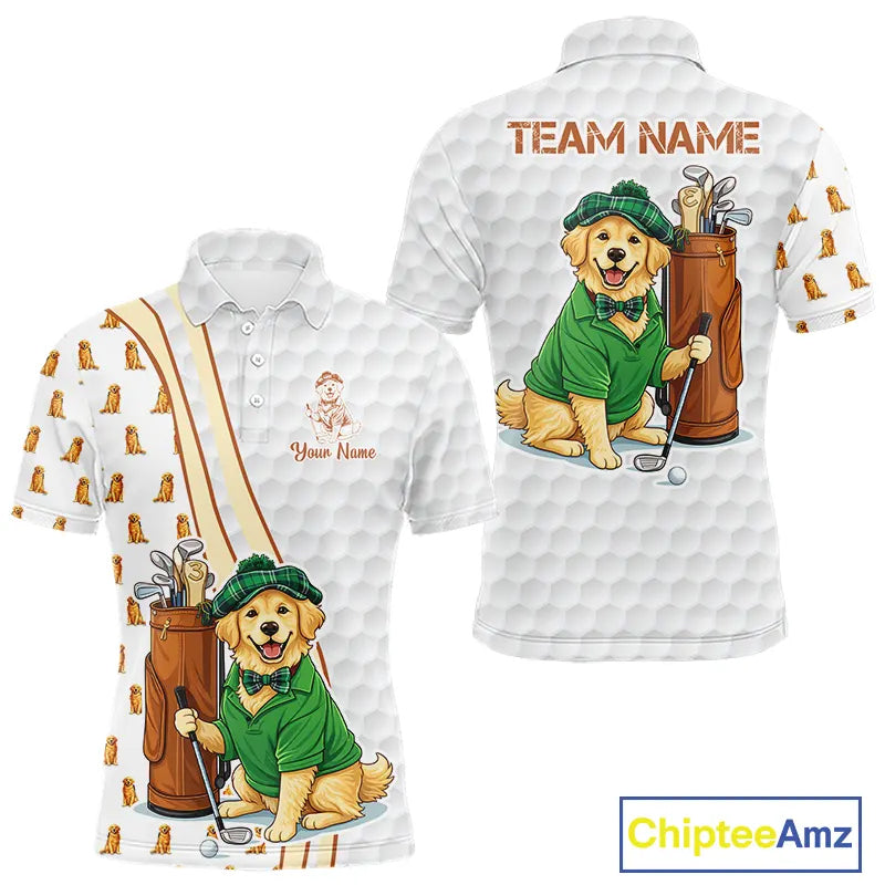 Funny Mens golf polo shirts custom Golden retriever golf pattern white golf shirts NQS11519