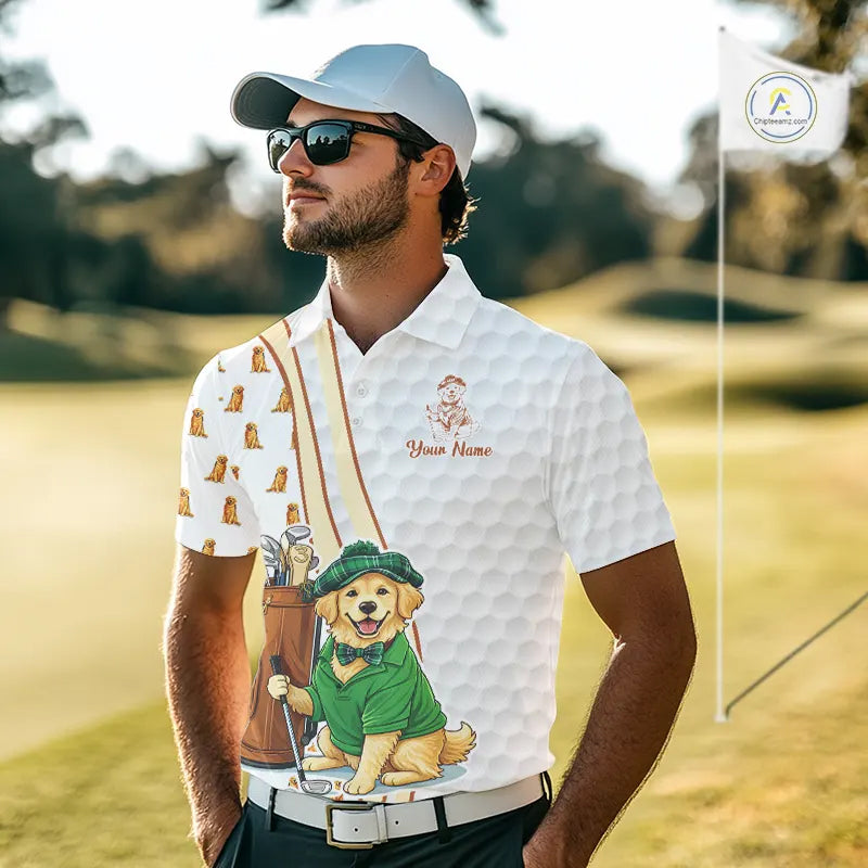 Funny Mens golf polo shirts custom Golden retriever golf pattern white golf shirts NQS11519