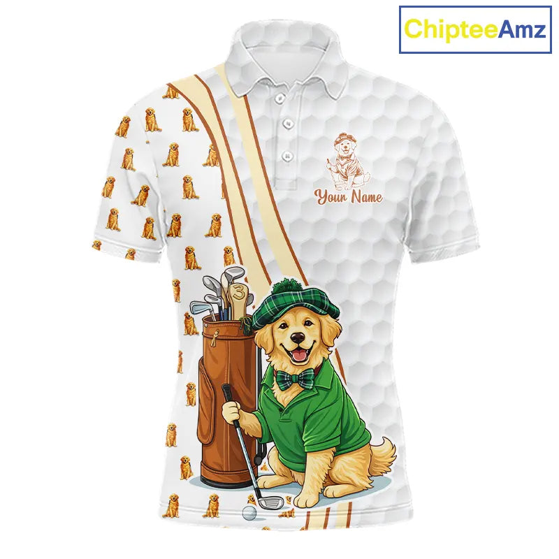 Funny Mens golf polo shirts custom Golden retriever golf pattern white golf shirts NQS11519