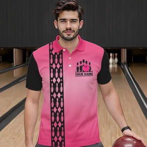 Personalized Black and Pink Retro Bowling Polo, Quarter Zip Team Shirts For Men Custom Bowling Gifts NQS9422