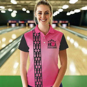 Personalized Black and Pink Retro Bowling Polo, Quarter Zip Team Shirts For Women Custom Bowling Gifts NQS9422