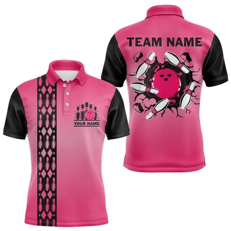 Personalized Black and Pink Retro Bowling Polo, Quarter Zip Team Shirts For Men Custom Bowling Gifts NQS9422