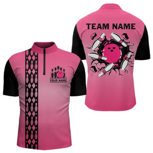 Personalized Black and Pink Retro Bowling Polo, Quarter Zip Team Shirts For Men Custom Bowling Gifts NQS9422