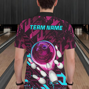 Bowling Polo, Quarter Zip Shirt For Men Custom pink and blue abstract Bowling Team league Jerseys NQS9423