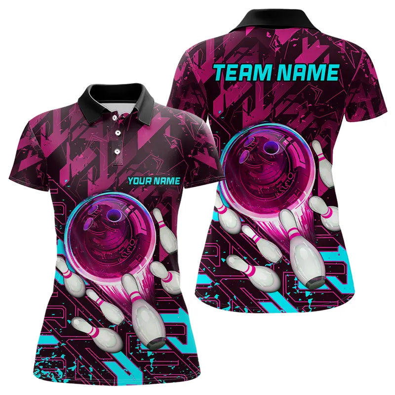 Bowling Polo, Quarter Zip Shirt For Women Custom pink and blue abstract Bowling Team league Jerseys NQS9423