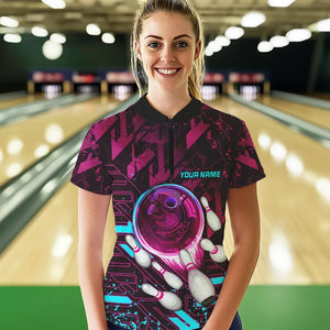 Bowling Polo, Quarter Zip Shirt For Women Custom pink and blue abstract Bowling Team league Jerseys NQS9423