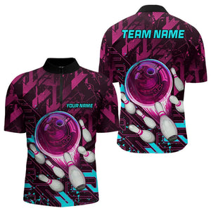 Bowling Polo, Quarter Zip Shirt For Men Custom pink and blue abstract Bowling Team league Jerseys NQS9423