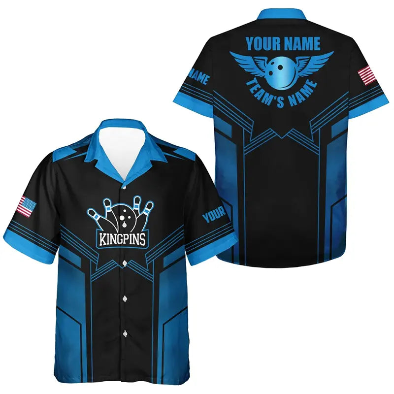 Custom Blue black Hawaiian bowling shirt for men – personalized team jersey front view